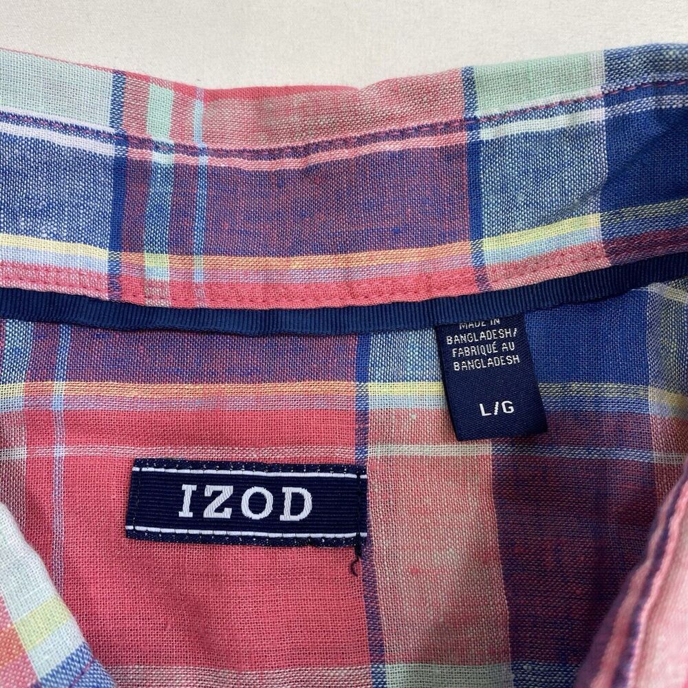 Izod Madras Linen Blend Shirt Mens Large Pink & Blue Plaid SS Lightweight Preppy - Picture 5 of 7